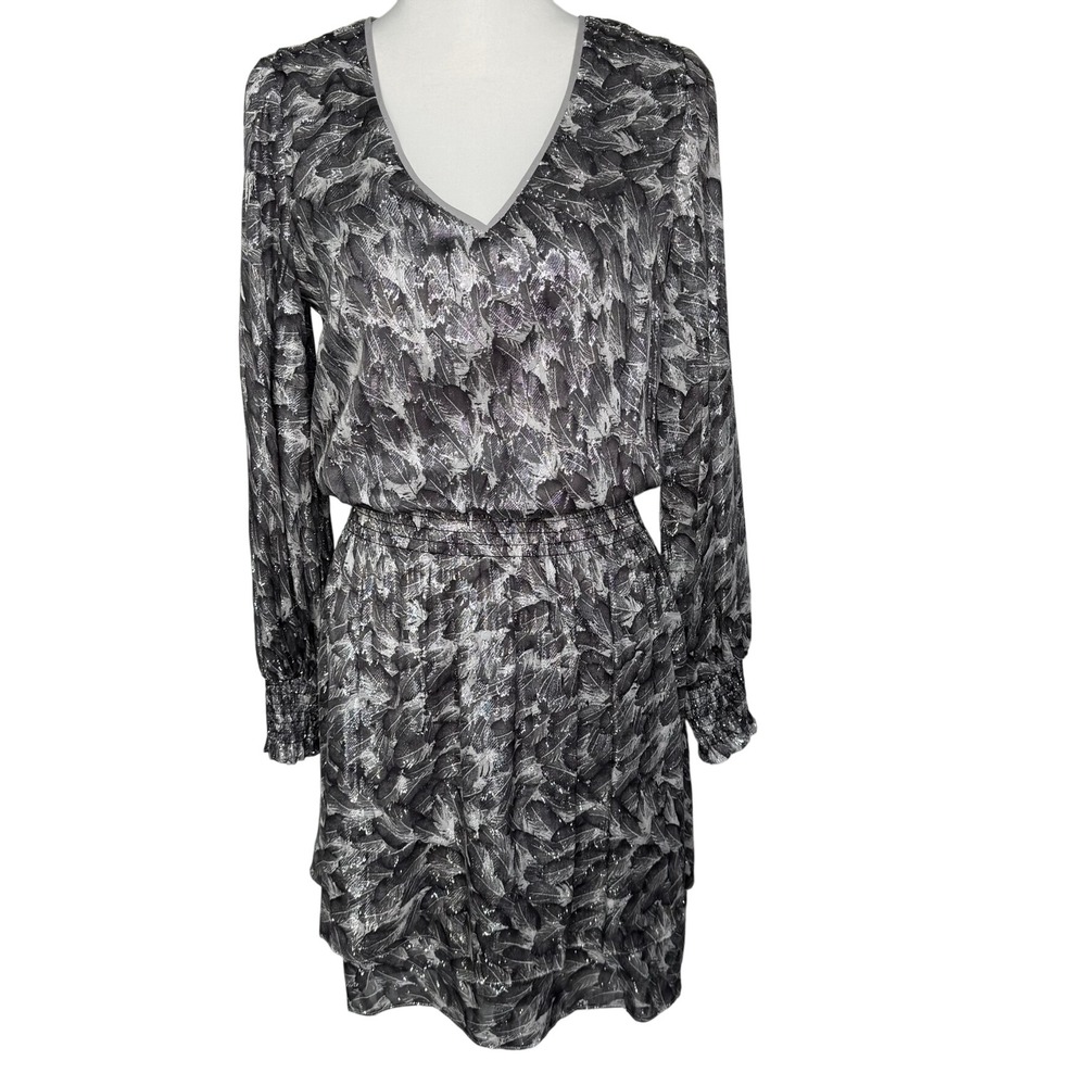 WHITE HOUSE BLACK MARKET XS Black Silver Metallic Smocked Tiered Ruffle Dress